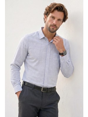 Tudors Erkek Regular Fit Klasik Kesim Oversize %100 Pamuk Keten Doku Lacivert Gömlek