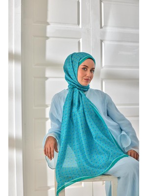 Silk Home %100 Vual Ipek Şal Turkuaz Yeşil Beyaz Desenli 70X190