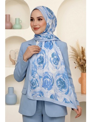Hadiora Kadın Mavi  Gül Desenli Soft Şal