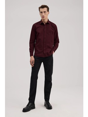 Jakamen Bordo Comfort Fit Alttan Düğmeli Yaka Desenli Gömlek