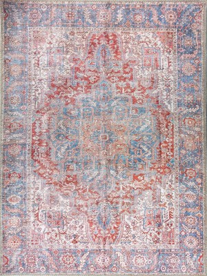 Pera Halı Terracotta ve Gök Mavisi Eskitme Medalyonlu Vintage Halı - Outlet - T0687OU