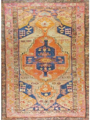 Pera Halı Sarı ve Turuncu Geometrik Desenli Vintage Türk Halısı - Outlet - T0688OU