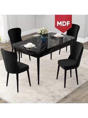 Canisa Concept Due Serisi MDF 80X132 Açılabilir Siyah Mermer Desen Mutfak Masası Takımı ve 4 Sandalye