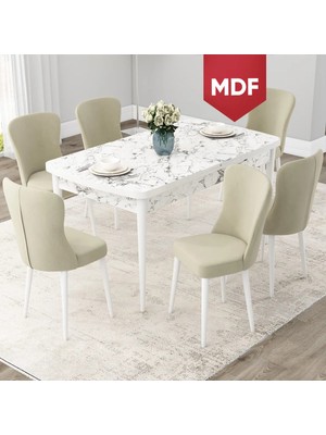 Canisa Concept Due Serisi MDF 80X132 Açılabilir Beyaz Mermer Desen Mutfak Masası Takımı ve 6 Sandalye