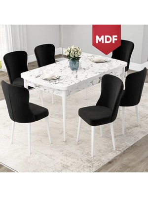 Canisa Concept Due Serisi MDF 80X132 Açılabilir Beyaz Mermer Desen Mutfak Masası Takımı ve 6 Sandalye