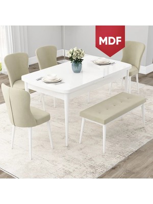Canisa Due Serisi 80X132 MDF Açılabilir Beyaz Mutfak Masası Takımı 4 Sandalye ve 1 Bench