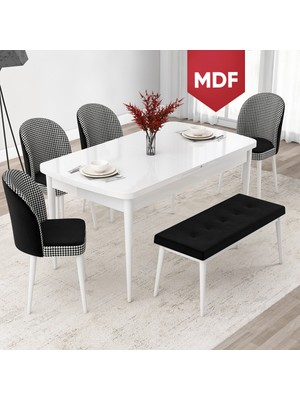 Canisa Concept Jul Serisi MDF 80 x 132 Açılabilir Beyaz Mutfak Masa Takımı 4 Sandalye Ve 1 Bench