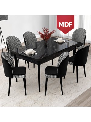 Canisa Concept Jul Serisi 80X132 MDF Açılabilir Siyah Mermer Desen Mutfak Masa Takımı ve 6 Sandalye