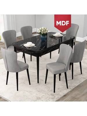 Canisa Concept Due Serisi 80X132 MDF Açılabilir Siyah Mermer Desen Mutfak Masası Takımı ve 6 Sandalye