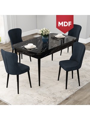 Canisa Concept Due Serisi MDF 80X132 Açılabilir Siyah Mermer Desen Mutfak Masası Takımı ve 4 Sandalye