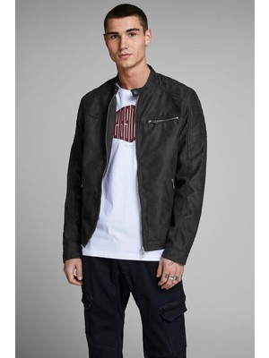 Jack & Jones Erkek Suni Deri Ceket Rocky Antrasit Renk 2XL Beden Modern Tasarım