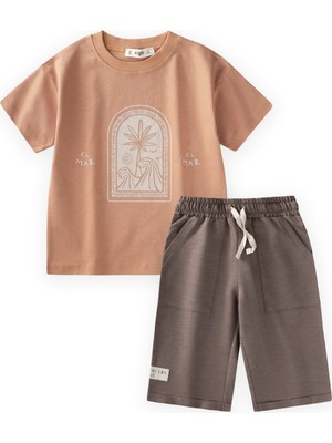 Cigit Soyut Palmiye Baskılı Kapri Takım Camel