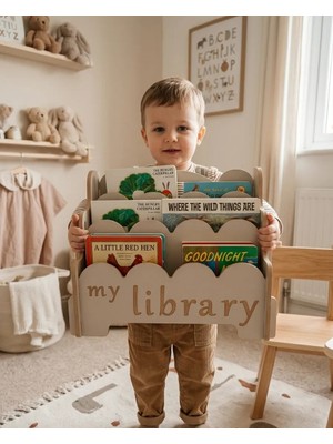 Montessori Ahşap Çocuk Kitaplık Gri MDF Malzemeden Modern Tasarım 36.5x30.5x20.5 cm