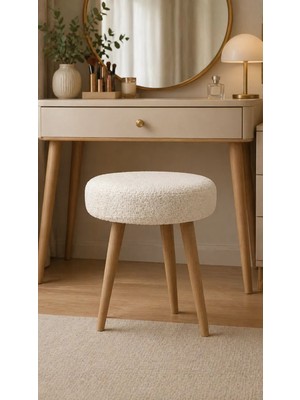 Mervish Decor Ahşap Ayaklı Yuvarlak Puf Tabure Makyaj Masası Önü
