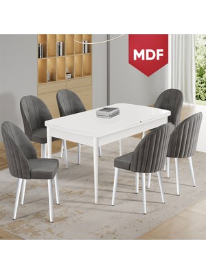 Canisa Enya Serisi 80 x 132 MDF Açılabilir Beyaz Masa Takımı ve 6 Gri Sandalye