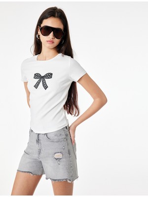 Koton Pamuklu Slim Fit Kısa Kollu Bisiklet Yaka Fiyonk Baskılı Tişört