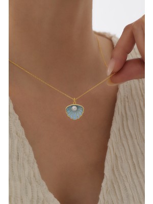 missamori 925 Ayar Gümüş Turkuaz Mineli Incili Deniz Kabuğu Kolye