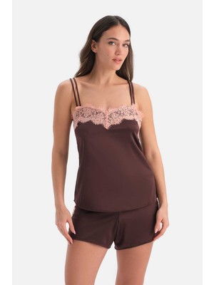 Dagi Kahverengi Yaka Dantel Detaylı Camisole Set