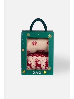 Dagi Bej-Kırmızı Kadın 2'li Geyik Desenli Çorap