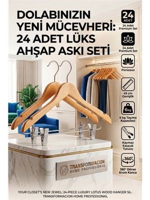 Marsilyan 24'lü Ahşap Takım Elbise Askısı Seti | Kıskaçlı Pantolon Askısı Kaymaz Çentikli Ceket Askılığı 723124