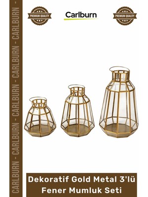 Carlburn Özel Üretim Şık Estetik Geometrik Lüks Modern Salon Antre Dekoratif Gold Metal 3'lü Fener Mumluk Set
