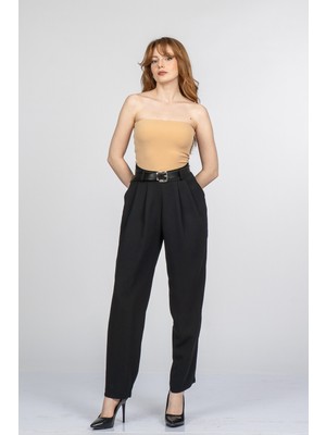 MissVina Monsere Beli Lastikli Yüksek Bel Dar Paça Kadın Pantolon