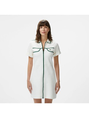 Lacoste Kadın Classic Fit Kısa Kollu Polo Yaka Renk Bloklu Beyaz Elbise