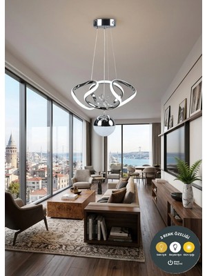Lzy Avize Store Dron Model 3 Renkli Modern Krom LED Sarkıt Avize - Alt Küre Aydınlatmalı Salon Mutfak Avizesi