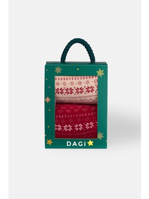 Dagi Bej-Kırmızı Kadın 2'li Kar Desenli Havlu Çorap