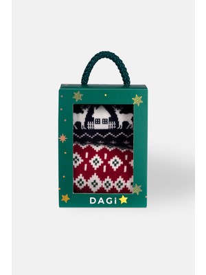 Dagi Kırmızı-Lacivert Kadın 2'li Ev Desenli Çorap