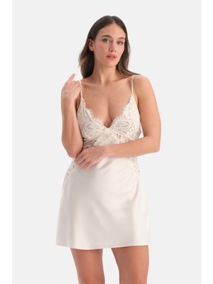 Dagi Kırık Beyaz Saten Bride Dantelli Gecelik