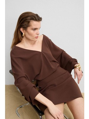 Love My Body Moda Tutkusu V Yaka Mini Elbise Kahve 124M2344000