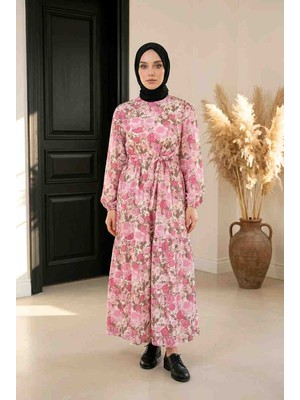 BBS Kadın Pembe Çiçekli Beli Lastikli Uzun Elbise - 130 cm Boy Uzun Kollu Elbise
