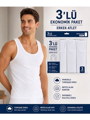 Qulat Erkek Atlet 3’lü Paket Siyah Beyaz Gri Pamuklu Basic Atlet Ekonomik Paket Rahat Kesim Atlet Seti