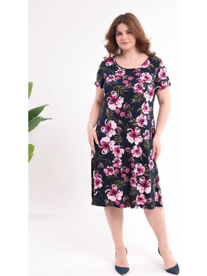 Madwilo Kadın Lacivert Pembe Floral Desen Büyük Beden Esnek Midi Elbise