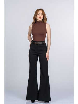 MissVina Elegant Ispanyol Paça Kadın Pantolon - Yüksek Bel Kemerli Likralı Fitilli Krep Kumaş
