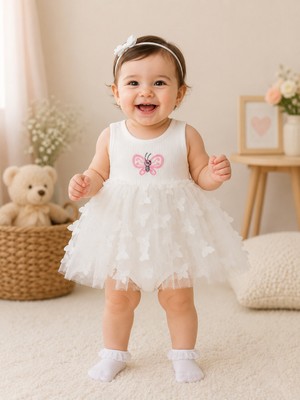 Beniizle Kelebek Nakışlı Kız Bebek Elbise
