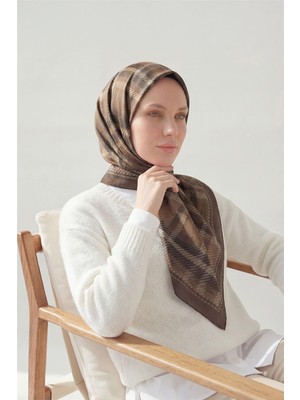 Silk Home Viskon Velora Eşarp Dört Mevsim Ekose Desen Sütlü Kahve 90X90