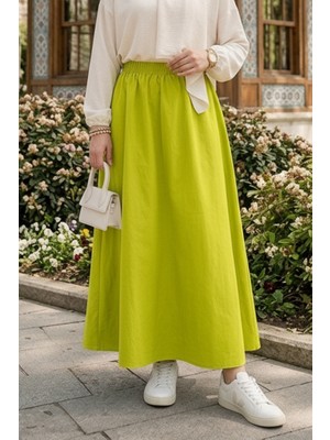 İlkimay.com Cepli Beli Lastikli Poplin Etek 1727 - Yağ Yeşili