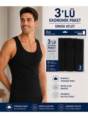 Qulat Erkek Atlet 3’lü Paket Siyah Beyaz Gri Pamuklu Basic Atlet Ekonomik Paket Rahat Kesim Atlet Seti