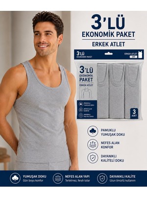 Qulat Erkek Atlet 3’lü Paket Siyah Beyaz Gri Pamuklu Basic Atlet Ekonomik Paket Rahat Kesim Atlet Seti