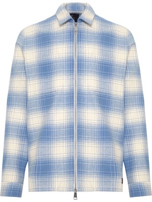 Abbate Prato Flanel Pamuklu Overshirt Fit Mavi Klasik Yaka Erkek Ekoseli Gömlek Ceket