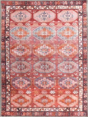 Pera Halı Mercan ve Pembe Geometrik Desenli Vintage Türk Halısı - Outlet - T0772OU