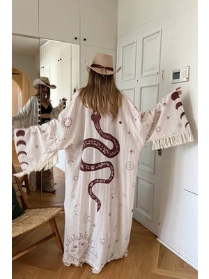 Nana & Mayka Moda Kadın Bohem Astroloji Desenli Yılan Yıldız Haritası Püsküllü Plaj Kimono Kaftan Pareo