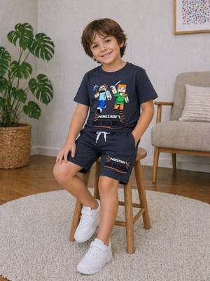Miniko Kids Erkek Çocuk Mınecraft Desenli Pamuk Şortlu Takım