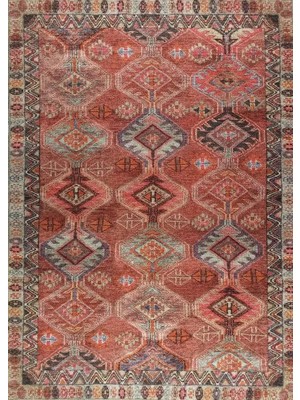 Pera Halı Terracotta ve Turuncu Elmas Desenli Vintage Halı - Outlet - T0769OU
