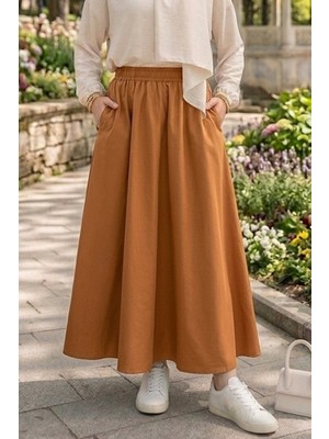 İlkimay.com Cepli Beli Lastikli Poplin Etek 1727 - Taba