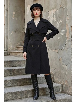  Pastelastore %100 Pamuk Gabardin Uzun (110CM) Astarlı Kemerli Kadın Trençkot 1111