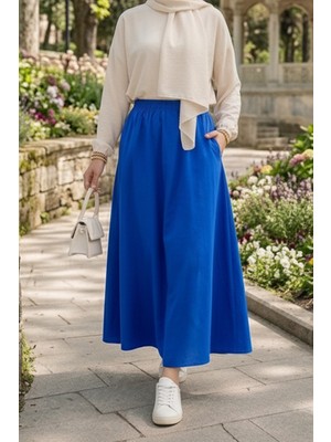 İlkimay.com Cepli Beli Lastikli Poplin Etek 1727 - Mavi