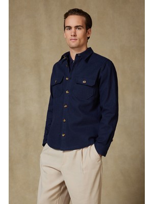 Abbate Fumo Flanel Pamuklu Overshirt Fit Lacivert Klasik Yaka Erkek Düz Gömlek Ceket